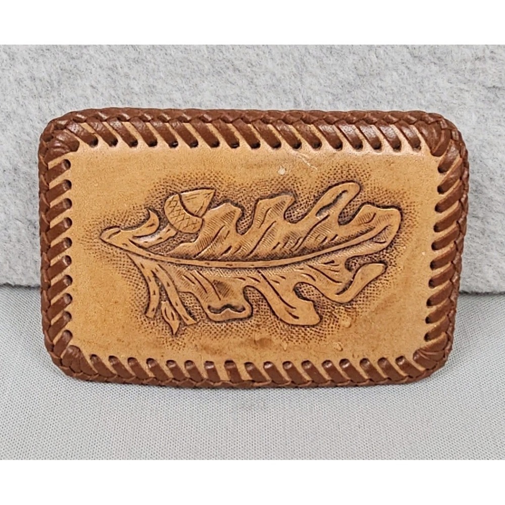 Leather Belt Buckle Acorn Leaf Brown Western Rodeo Vintage Cowboy Rectangle